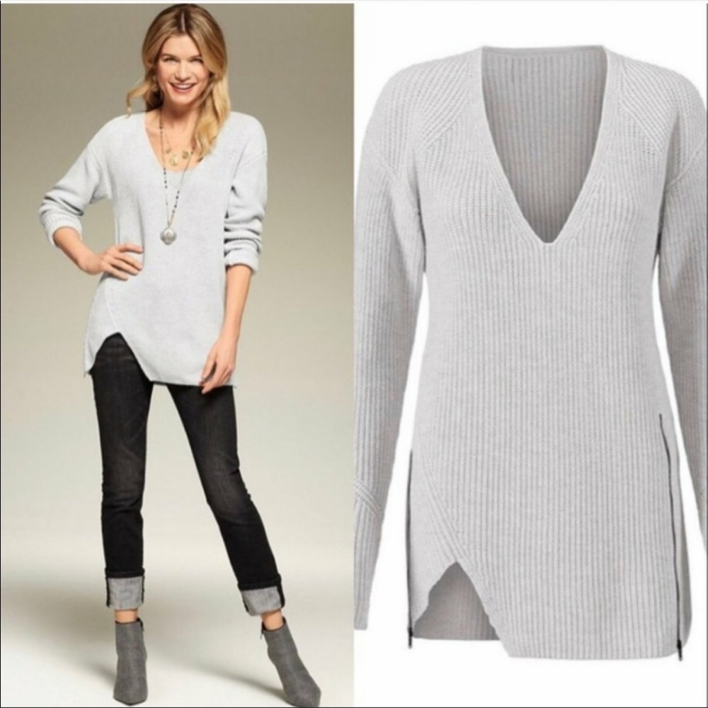 Cabi Cloud Gray DEEP V PULLOVER Ribbed Asymmetrical Side Zip Tunic Sweater M